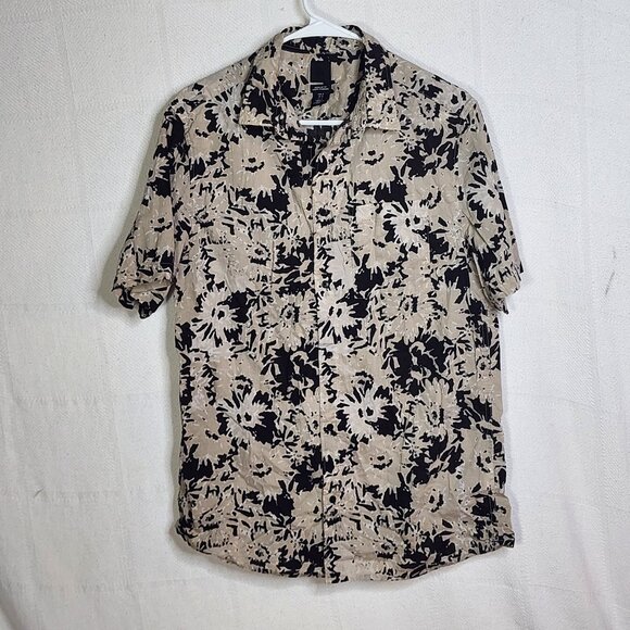 H&M Khaki Black Abstract Floral Print SS Cotton Button Up Regular Fit Shirt Sz M - Picture 1 of 16